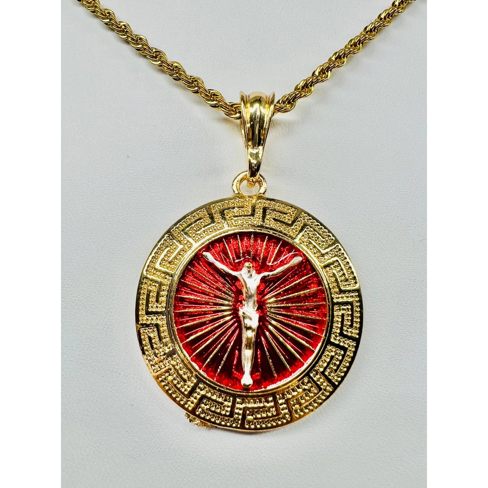 Crucifix Cross Round Pendant with 24" Rope Necklace 24K Gold Filled NEW